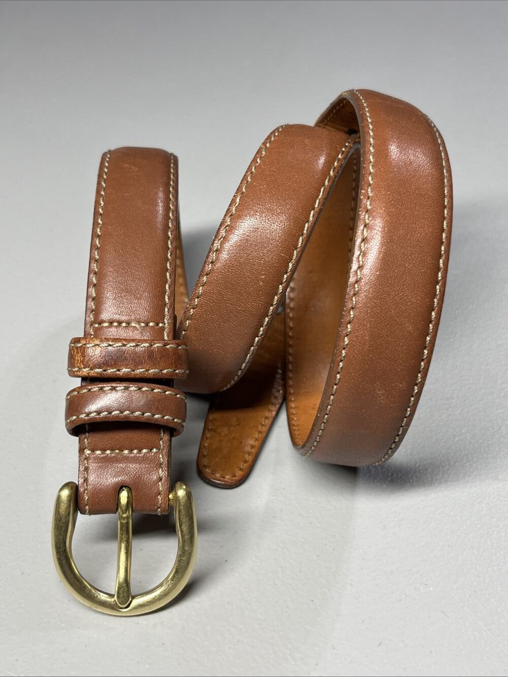 VTG LL Bean Leather Belt Mens 28 Brown Contrast Stitch Brass Buckle 1" Classic